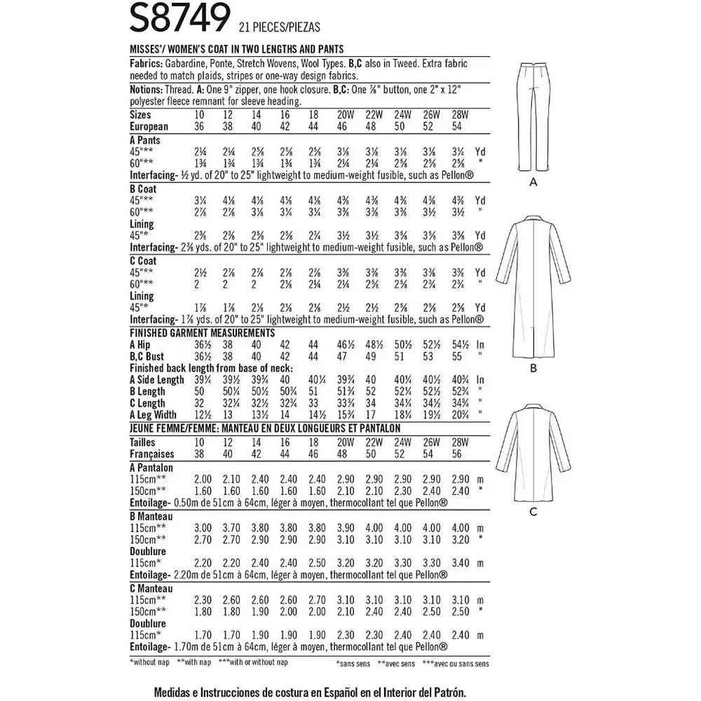 Simplicity Sewing Pattern 8749 MIMI G Coat Pants Trousers Size 20w-28w‎
